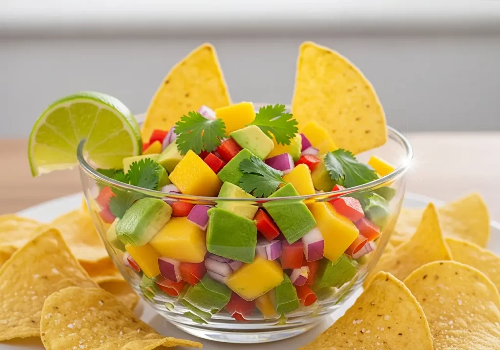 Gently dice the avocados and mango into even cubes for uniform texture that clings beautifully to chips. Finely chop the red onion and cilantro. Mince the jalapeño, removing seeds to control heat.