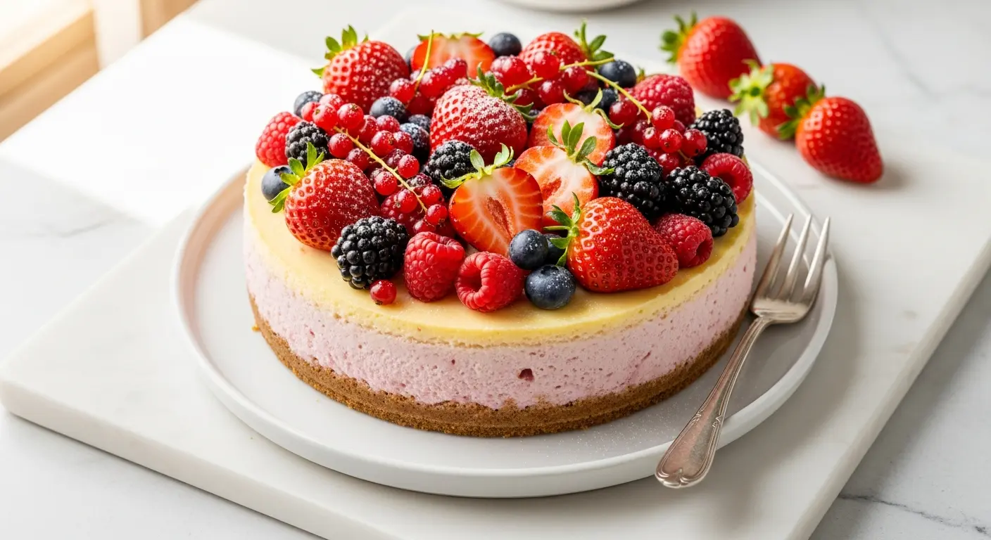 Decadent Strawberry Cheesecake Topped with Fresh Berries