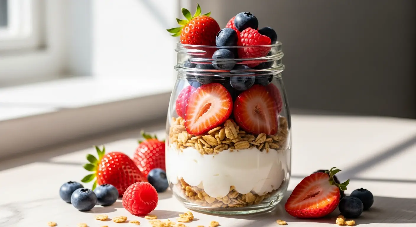 Layered Bliss: Greek Yogurt Parfait with Granola & Berries