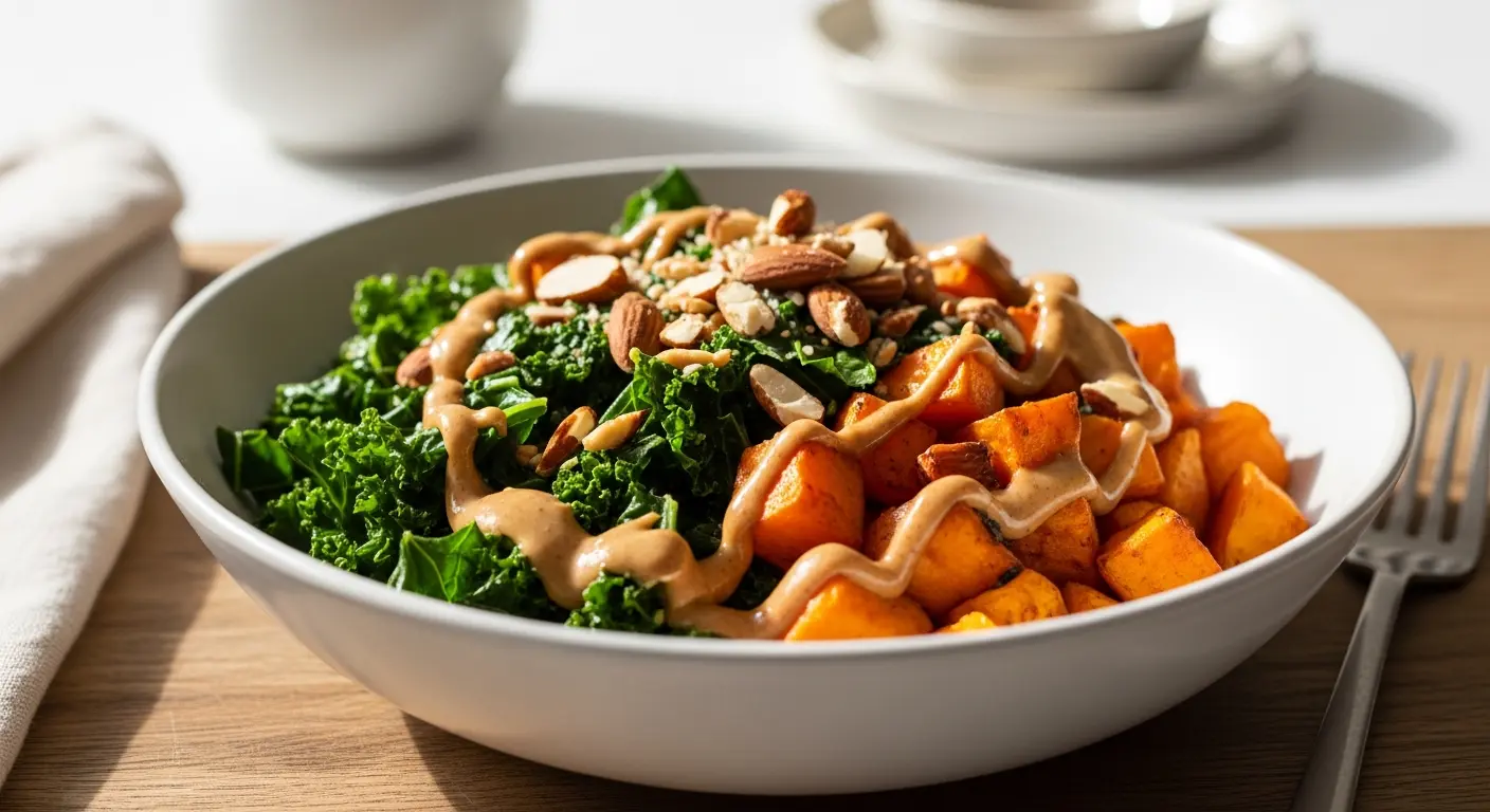 Nourishing Sweet Potato & Kale Bowl with Almond Butter Drizzle