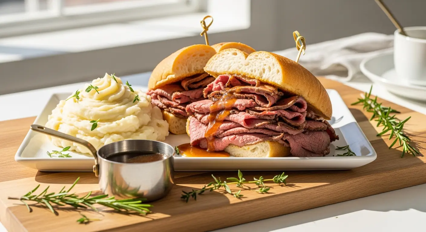 Savor the Classic Hot Roast Beef Sandwich with Creamy Mash