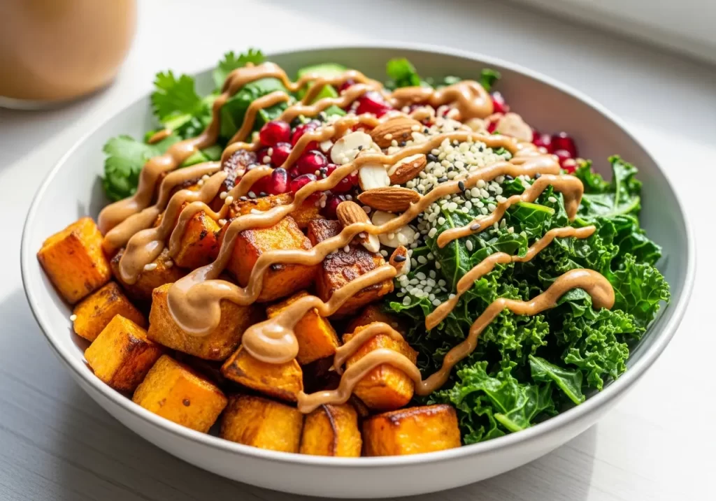 Sweet Potato & Kale Bowl with Almond Butter Drizzle