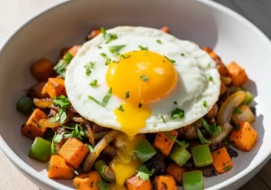 Sweet Potato Hash Topped with a Fried Egg