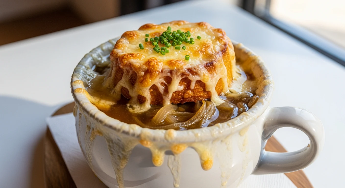 French Onion Soup Delight: Savory Broth with Cheesy Crouton