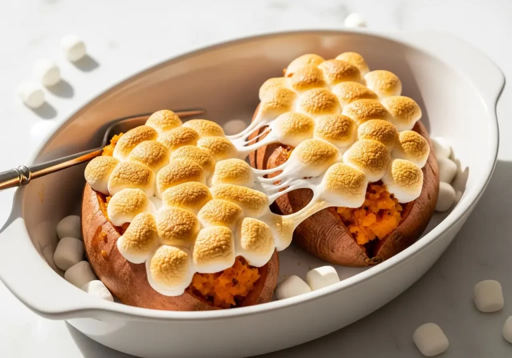 Twice Baked Sweet Potatoes with Gooey Marshmallow Topping