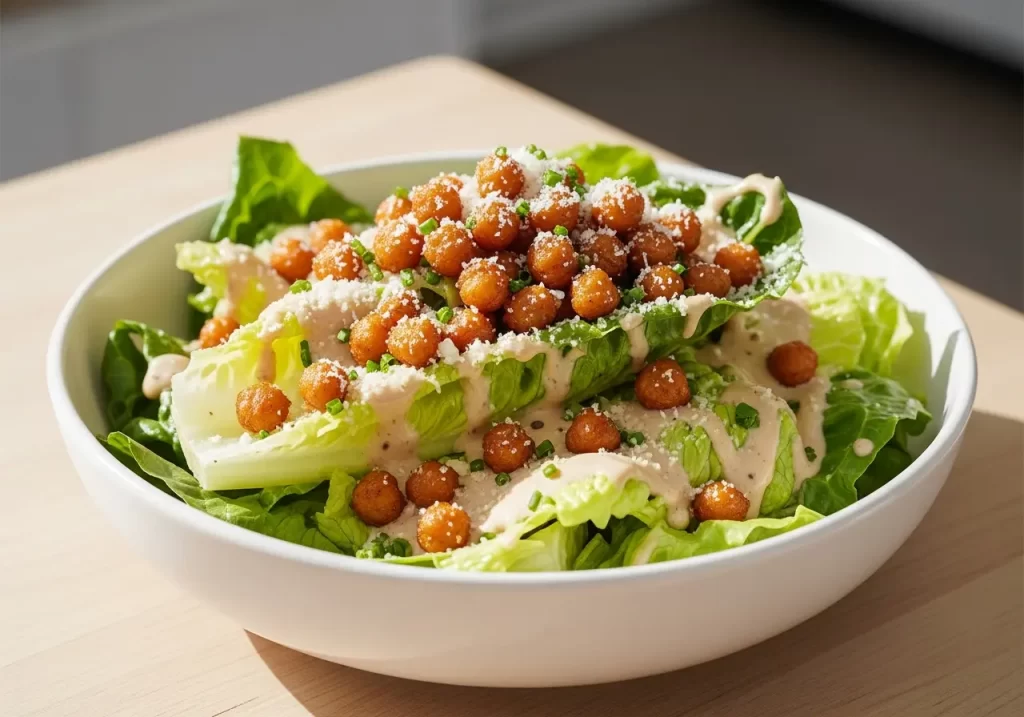 Indulge in Creamy Vegan Caesar with Crispy Chickpea Croutons