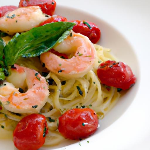 Savor Creamy pesto Shrimp ⁣Pasta with Juicy Cherry tomatoes