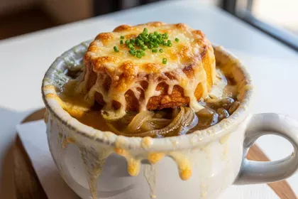 French Onion Soup Delight: Savory Broth with Cheesy Crouton