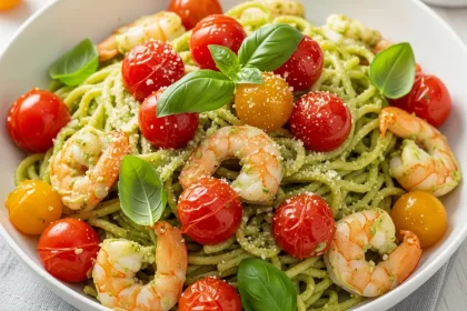 Savor Creamy Pesto Shrimp Pasta with Juicy Cherry Tomatoes