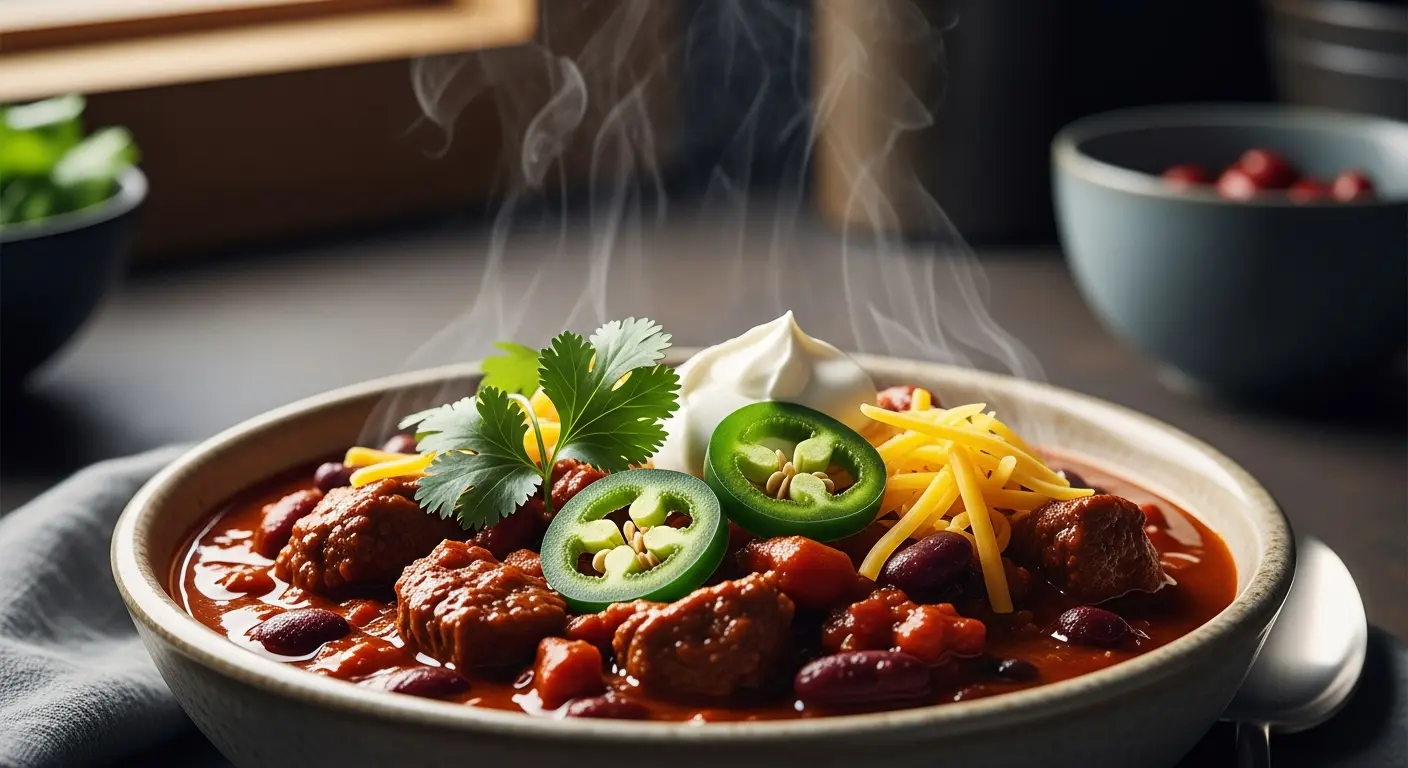 Award-winning slow-cooked beef chili with tender beef, beans, and rich spices in a rustic bowl