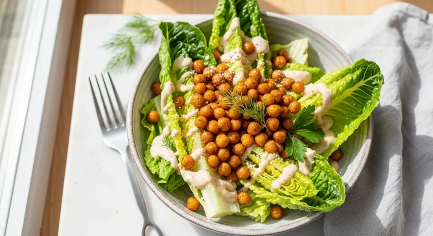 Creamy Vegan Caesar Salad with Crunchy Chickpea Croutons