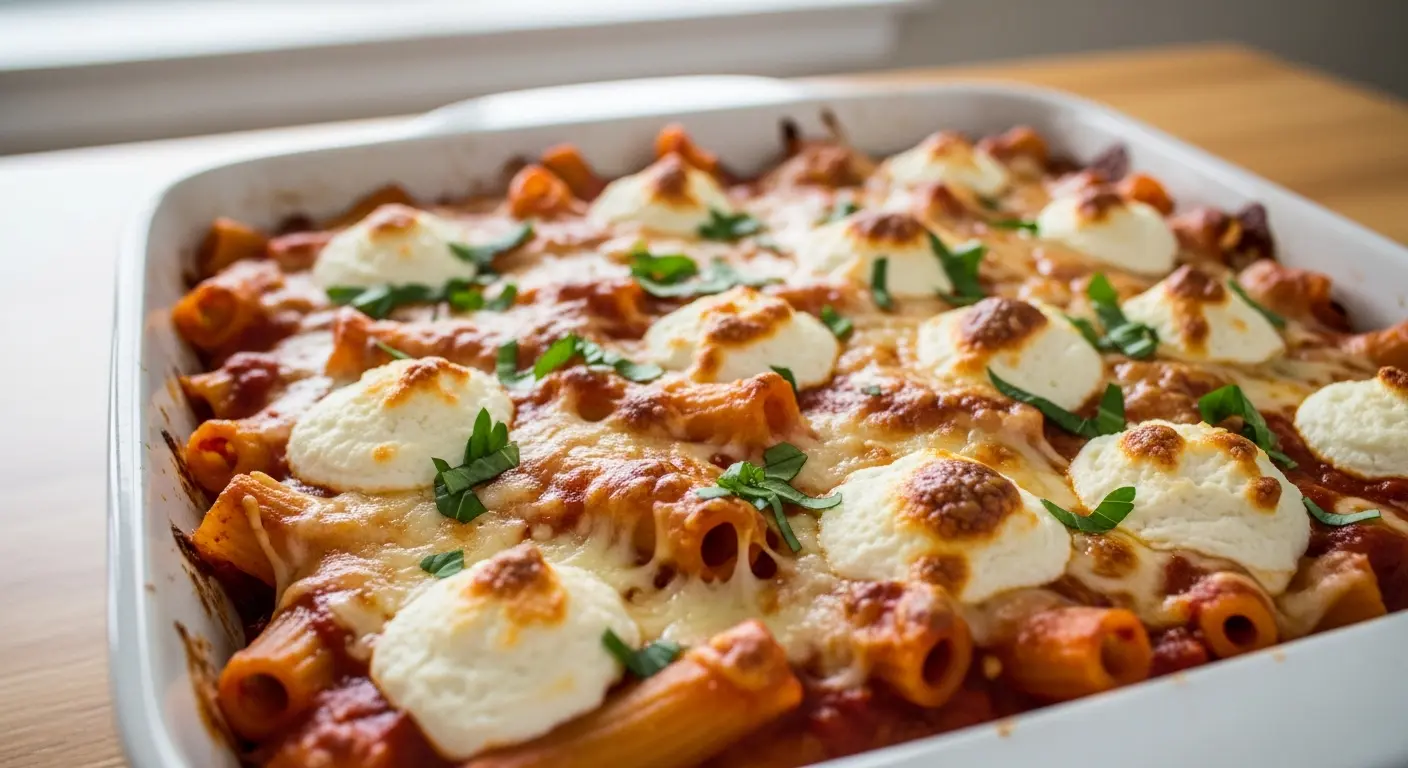 Deliciously Simple Baked Ziti with Ricotta & Mozzarella