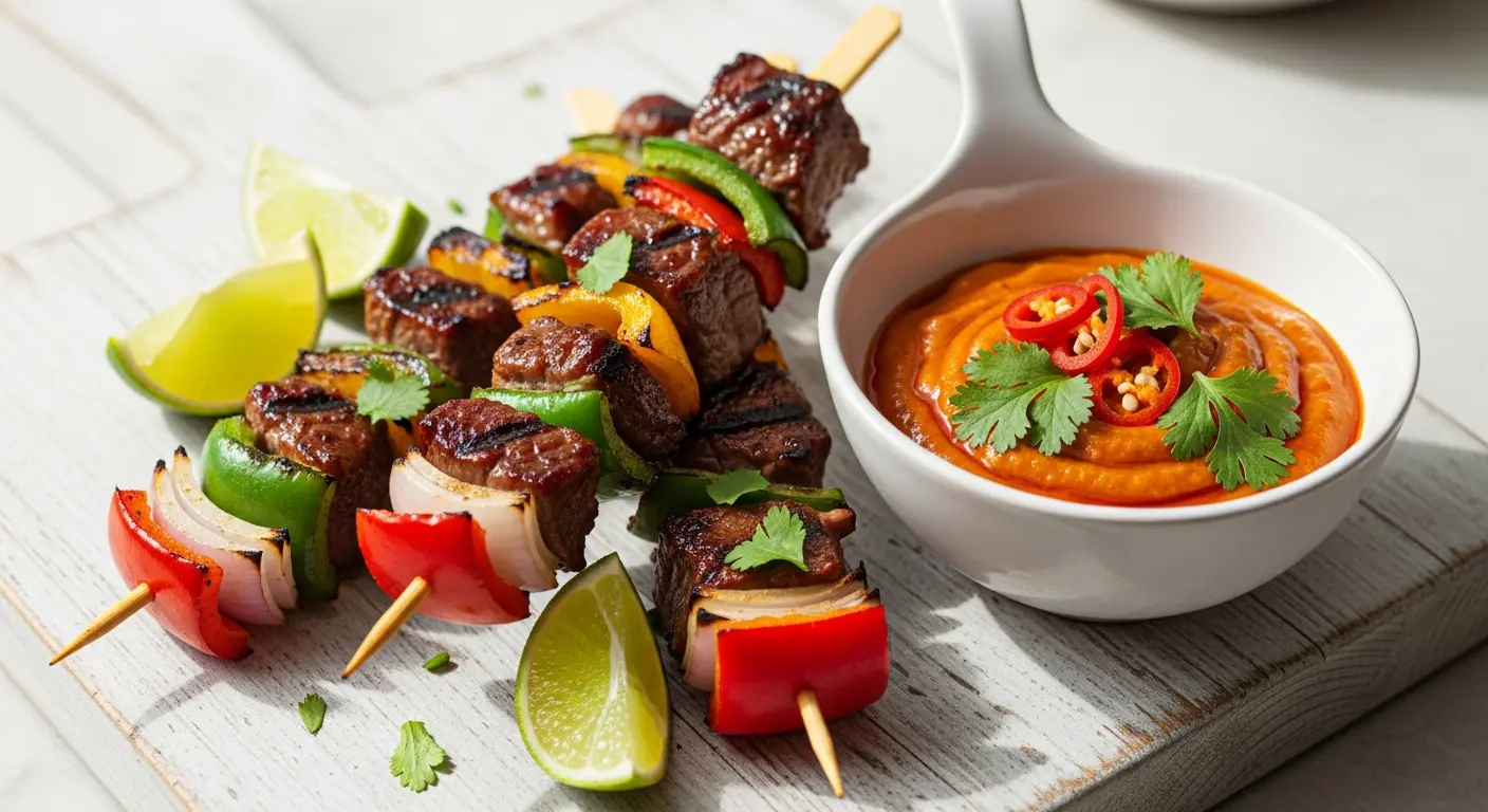 Savor Asian Beef Skewers Paired with a Fiery Spicy Dip