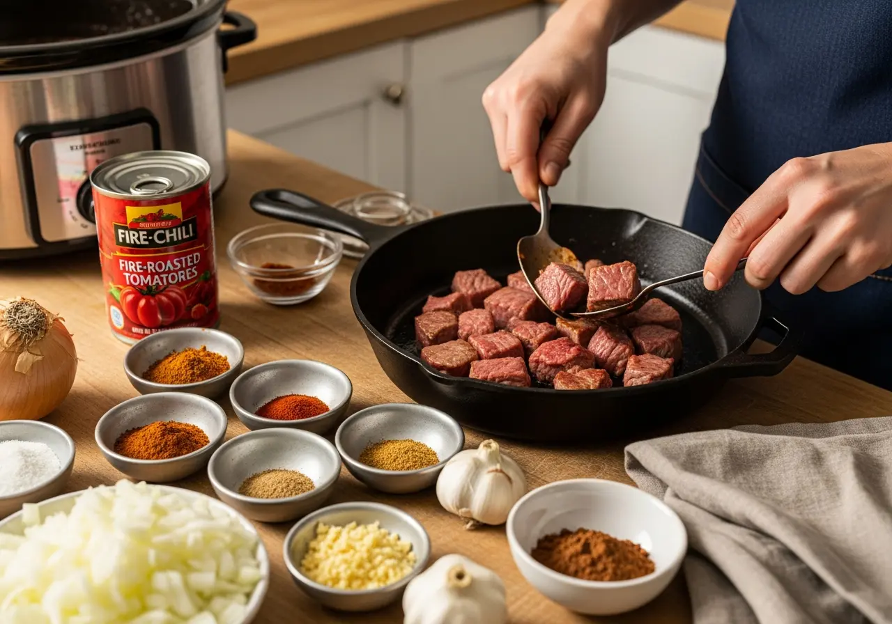Searing beef cubes and blooming spices while preparing slow-cooked beef chili.