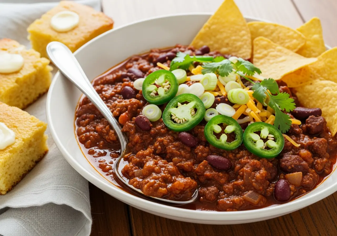 Served slow-cooked beef chili with cornbread, cheese, cilantro, and jalapeños.
