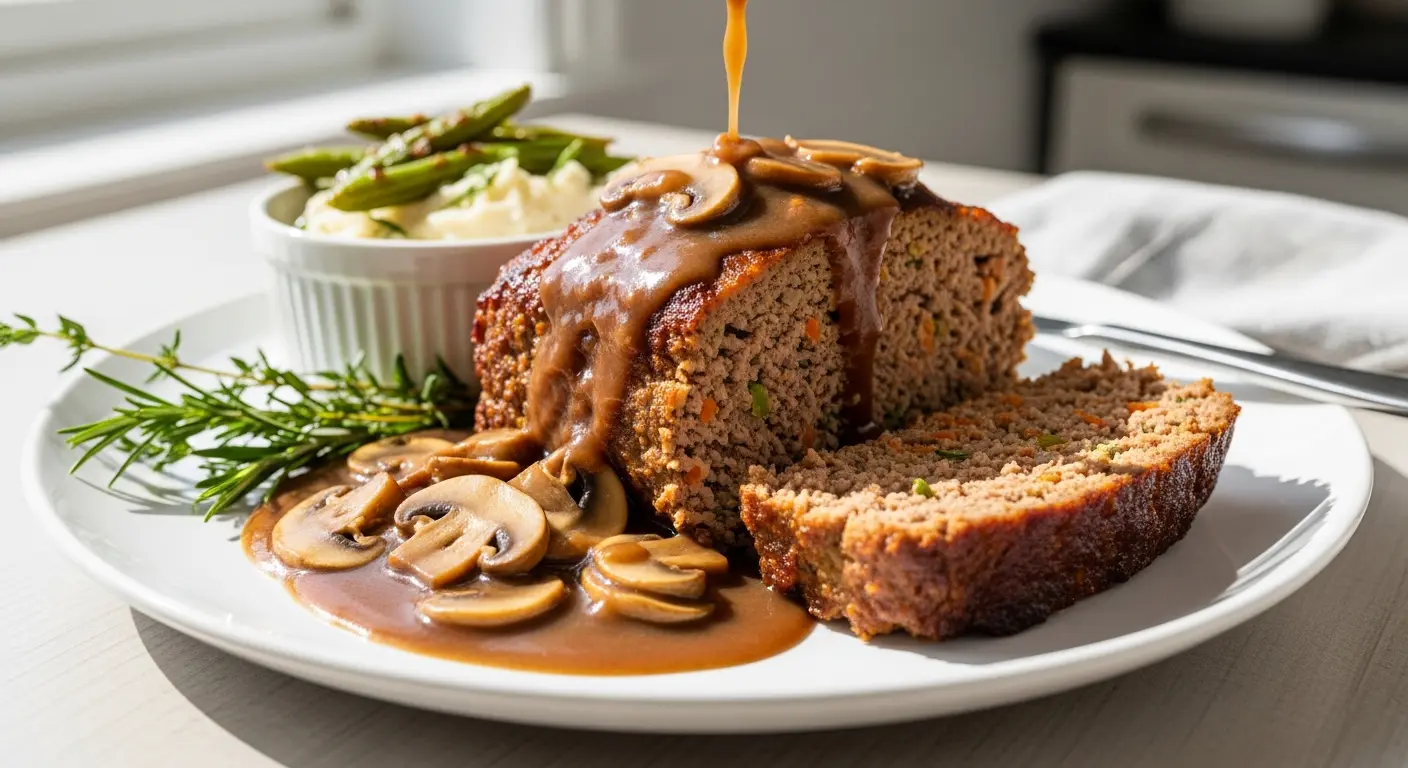 Timeless Homestyle Meatloaf Served with Savory Mushroom Gravy