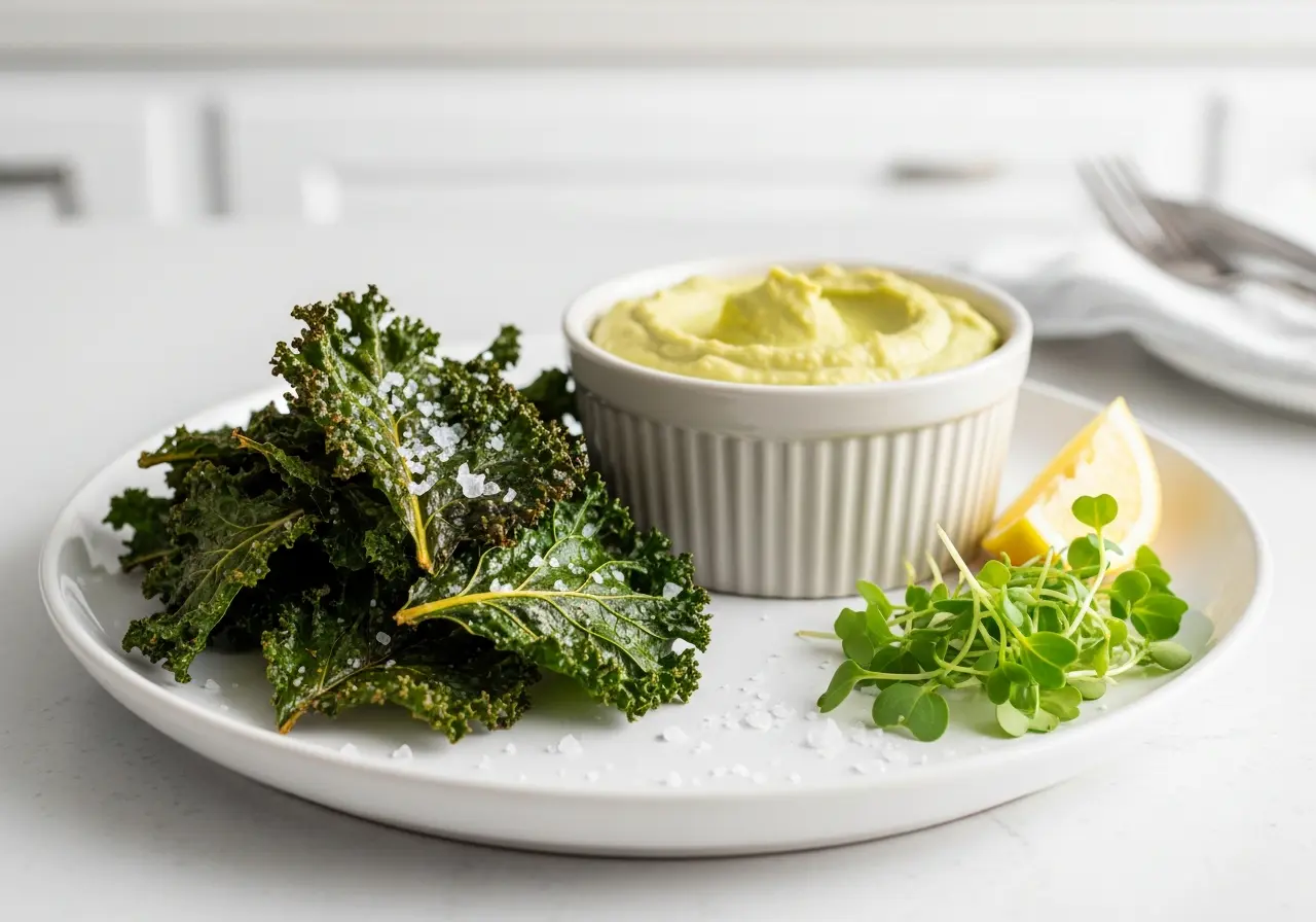 Healthy crispy kale chips served on a plate with a side of creamy avocado dip, perfect gluten-free snack.