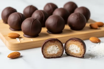 Homemade keto Almond Joy fat bombs, chocolate coated with shredded coconut and almond filling.