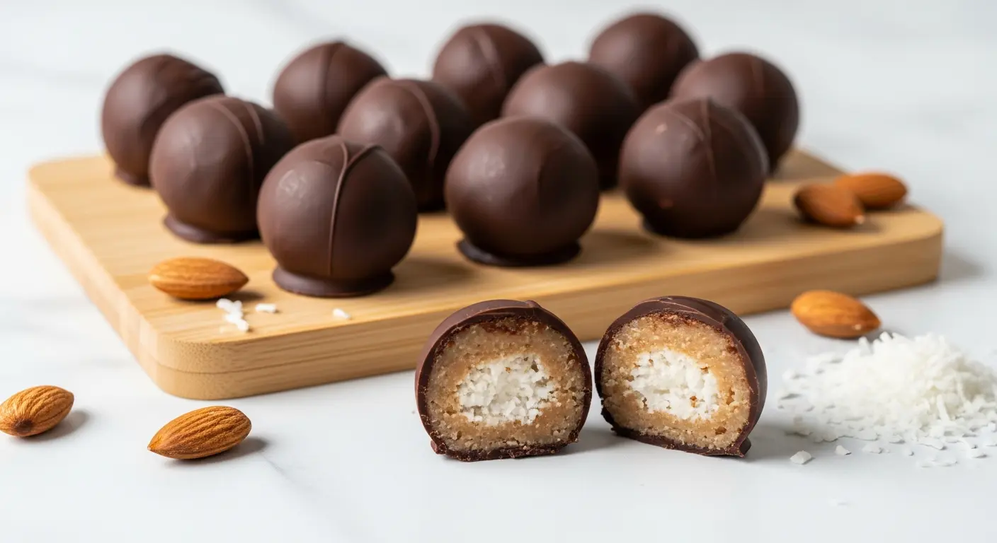 Homemade keto Almond Joy fat bombs, chocolate coated with shredded coconut and almond filling.