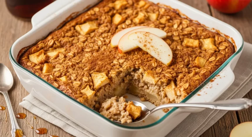 Apple cinnamon baked oatmeal in a dish with a golden top and visible apple chunks.