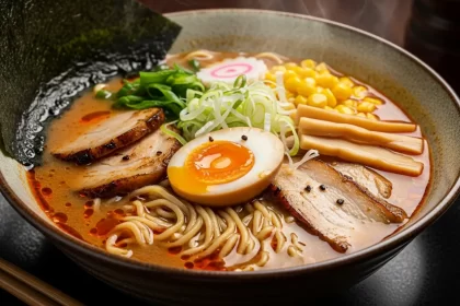 Traditional Japanese miso ramen in a bowl with curly noodles, chashu pork, soft-boiled egg, corn, and green onions.