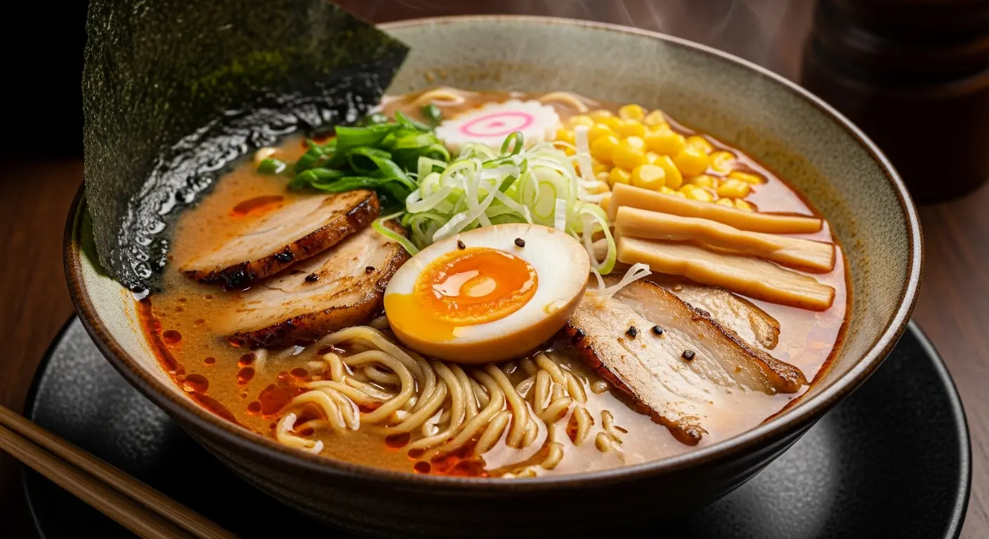 Traditional Japanese miso ramen in a bowl with curly noodles, chashu pork, soft-boiled egg, corn, and green onions.