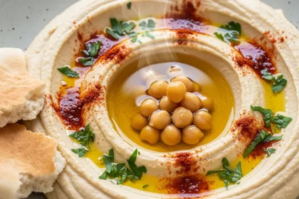 Creamy Lebanese hummus in a bowl drizzled with olive oil and paprika, served with fresh pita bread.