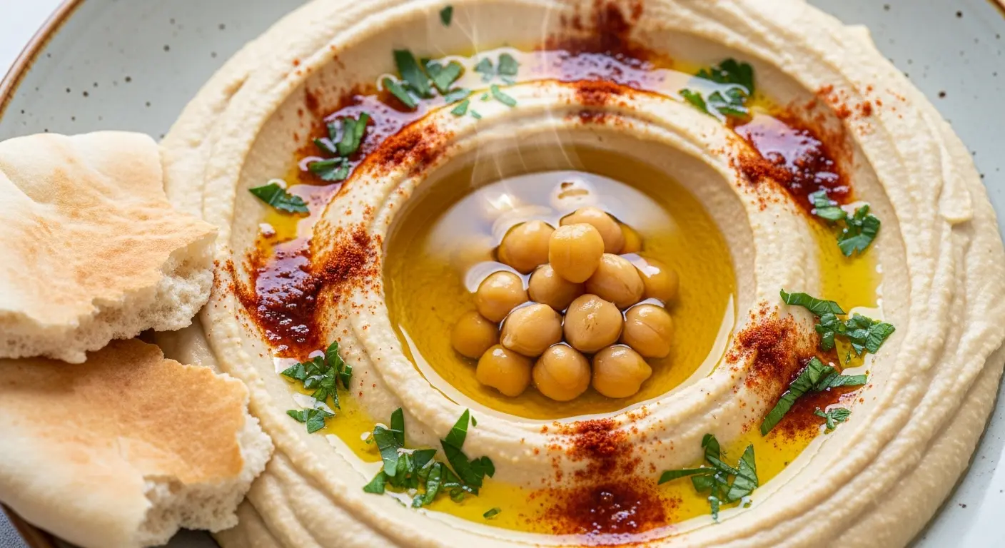 Creamy Lebanese hummus in a bowl drizzled with olive oil and paprika, served with fresh pita bread.
