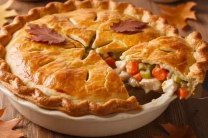 Homemade chicken pot pie with a flaky golden crust and savory vegetable chicken filling.