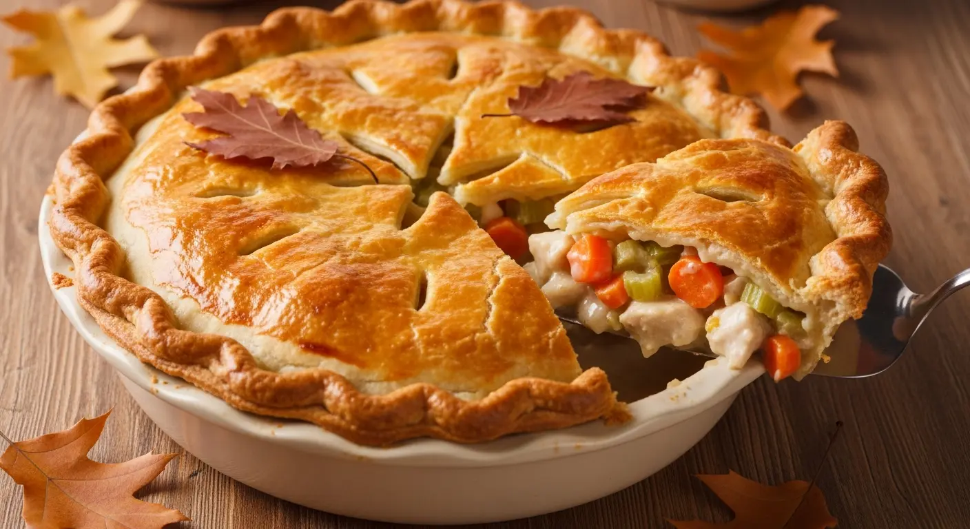 Homemade chicken pot pie with a flaky golden crust and savory vegetable chicken filling.