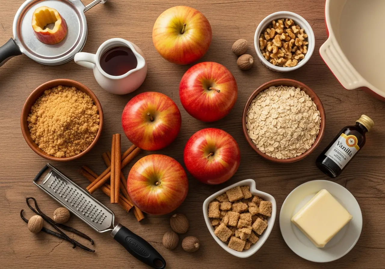 Ingredients for baked apples: whole apples, rolled oats, brown sugar, cinnamon, butter, and maple syrup.

