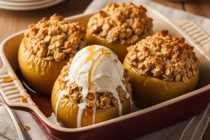 Old-fashioned baked apples with oatmeal filling served warm with melting vanilla ice cream.