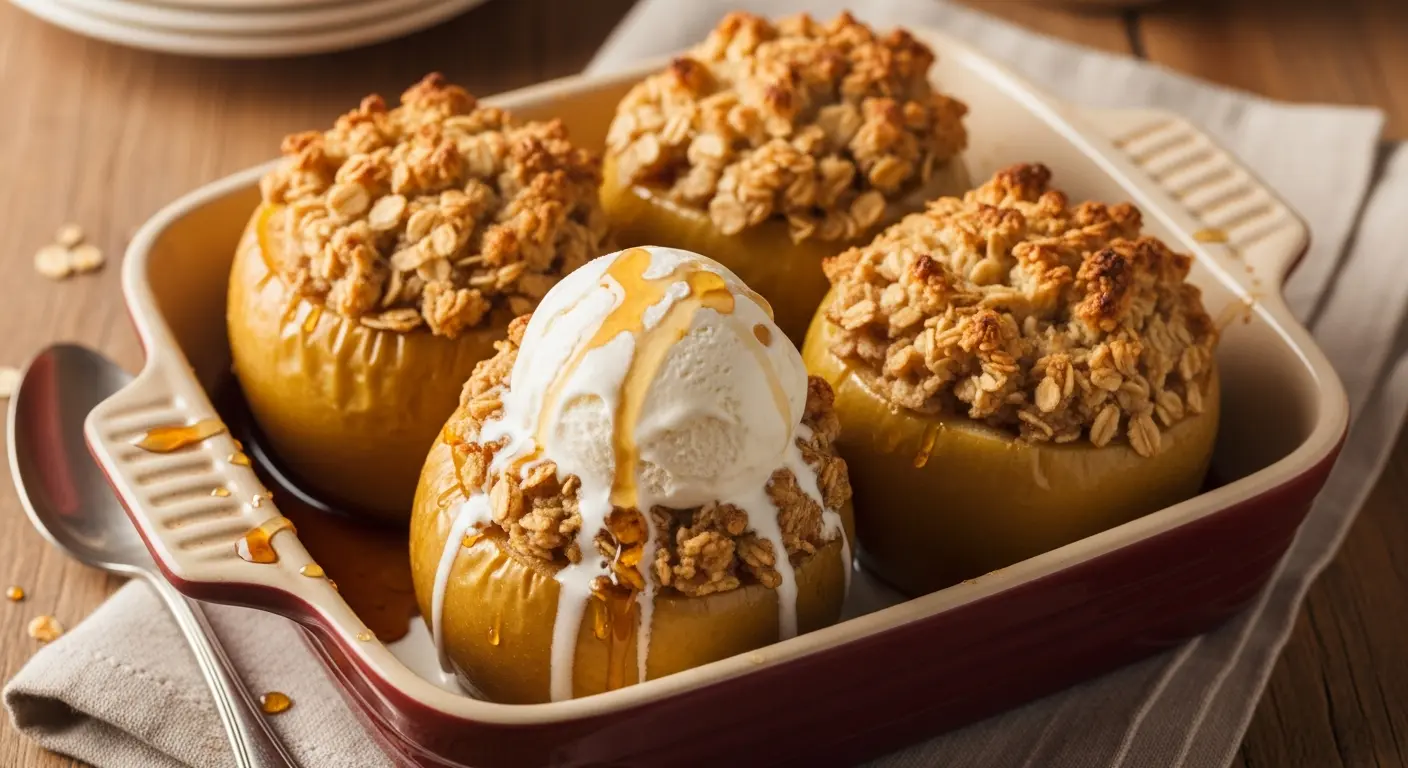 Old-fashioned baked apples with oatmeal filling served warm with melting vanilla ice cream.