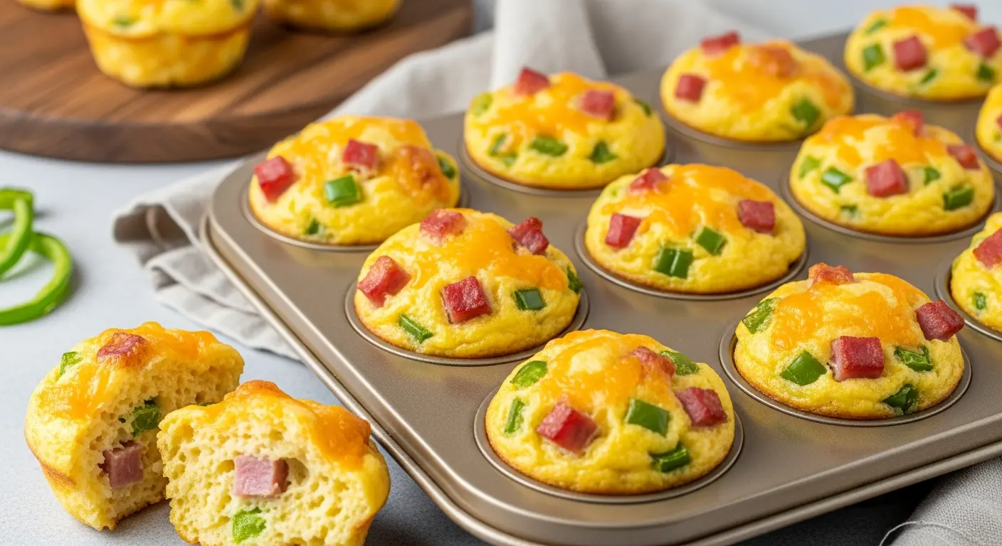 Baked Denver omelet muffins in a muffin tin, showing fluffy eggs, peppers, ham, and cheese.