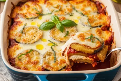 Baked eggplant parmesan casserole with layers of cheese, sauce, and eggplant in a dish.