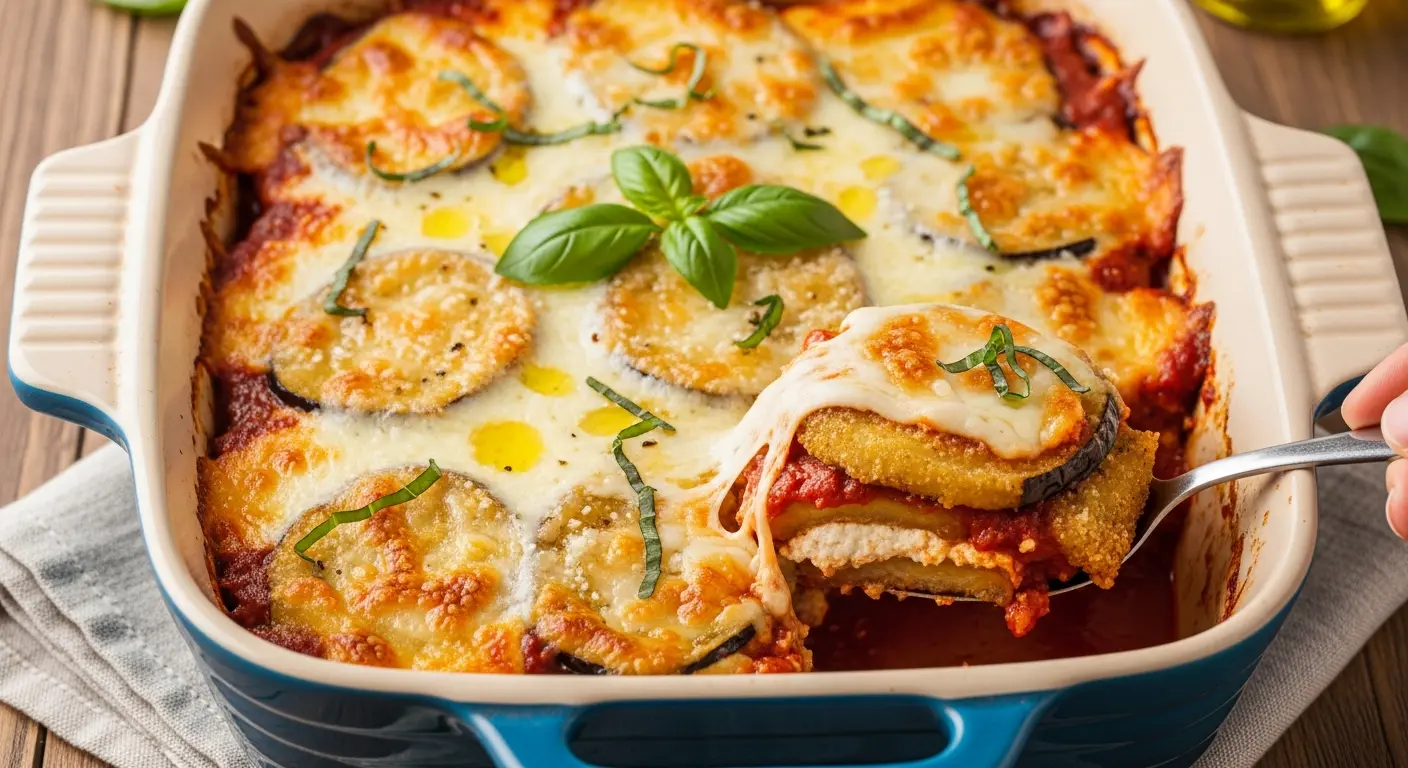 Baked eggplant parmesan casserole with layers of cheese, sauce, and eggplant in a dish.