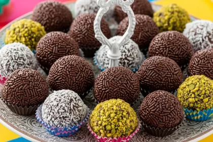Platter of Brazilian brigadeiro chocolate truffles coated in sprinkles and nuts.