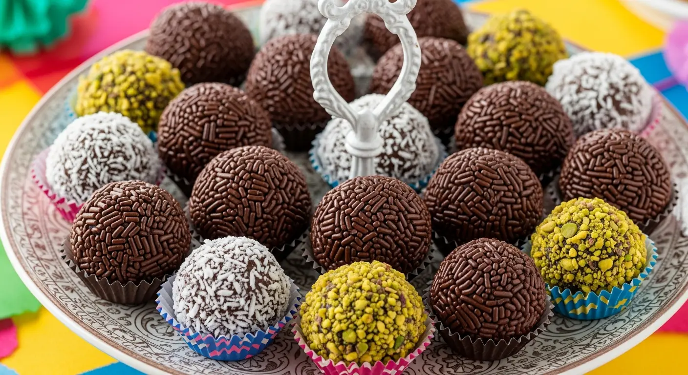 Platter of Brazilian brigadeiro chocolate truffles coated in sprinkles and nuts.