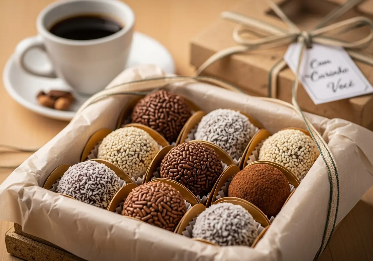 Gift box of homemade Brazilian brigadeiros with a cup of coffee.