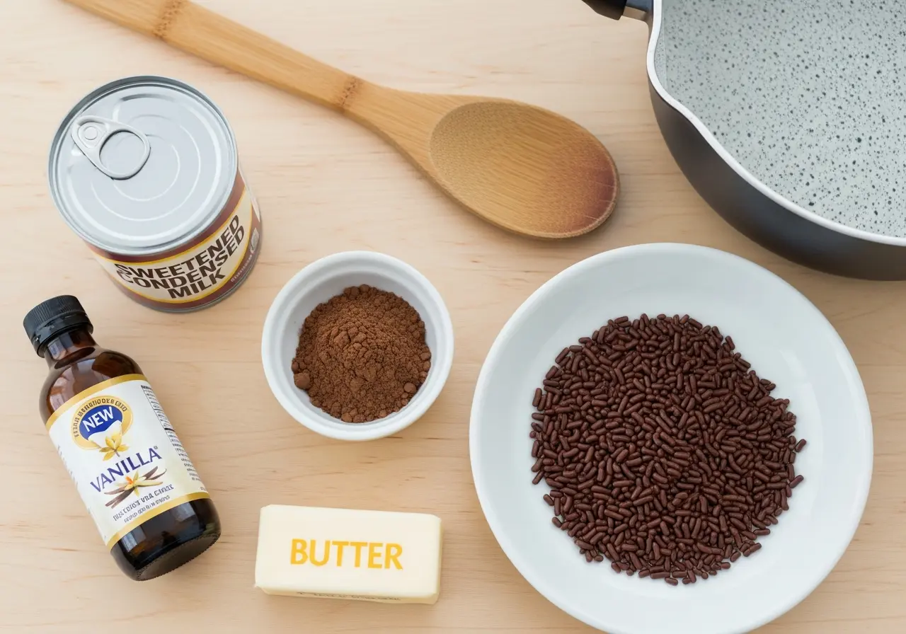 Ingredients for Brazilian brigadeiros: condensed milk, cocoa powder, butter, and sprinkles.