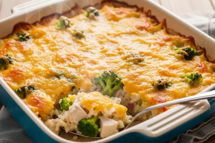 Creamy chicken and broccoli rice bake with a golden cheese crust in a baking dish.