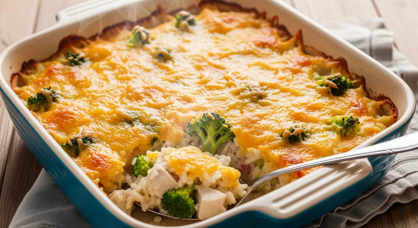 Creamy chicken and broccoli rice bake with a golden cheese crust in a baking dish.