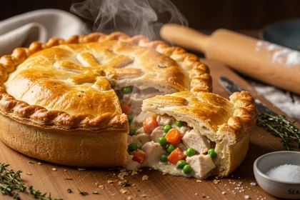 Perfectly flaky, golden chicken pot pie crust sliced open to show buttery layers and lattice top.