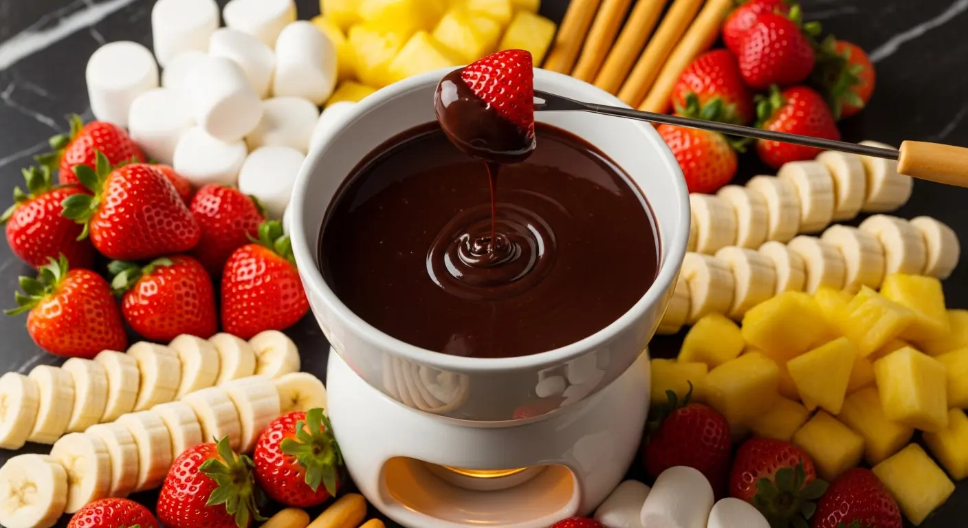 Decadent chocolate fondue in a pot with assorted fresh fruits and marshmallows for dipping.