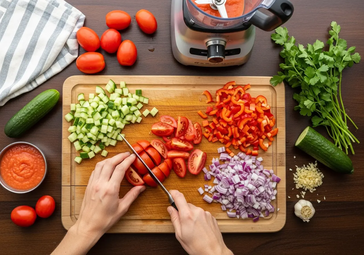 Hands chopping fresh ripe tomatoes, cucumber, and vegetables for authentic gazpacho recipe preparation on a wooden board.