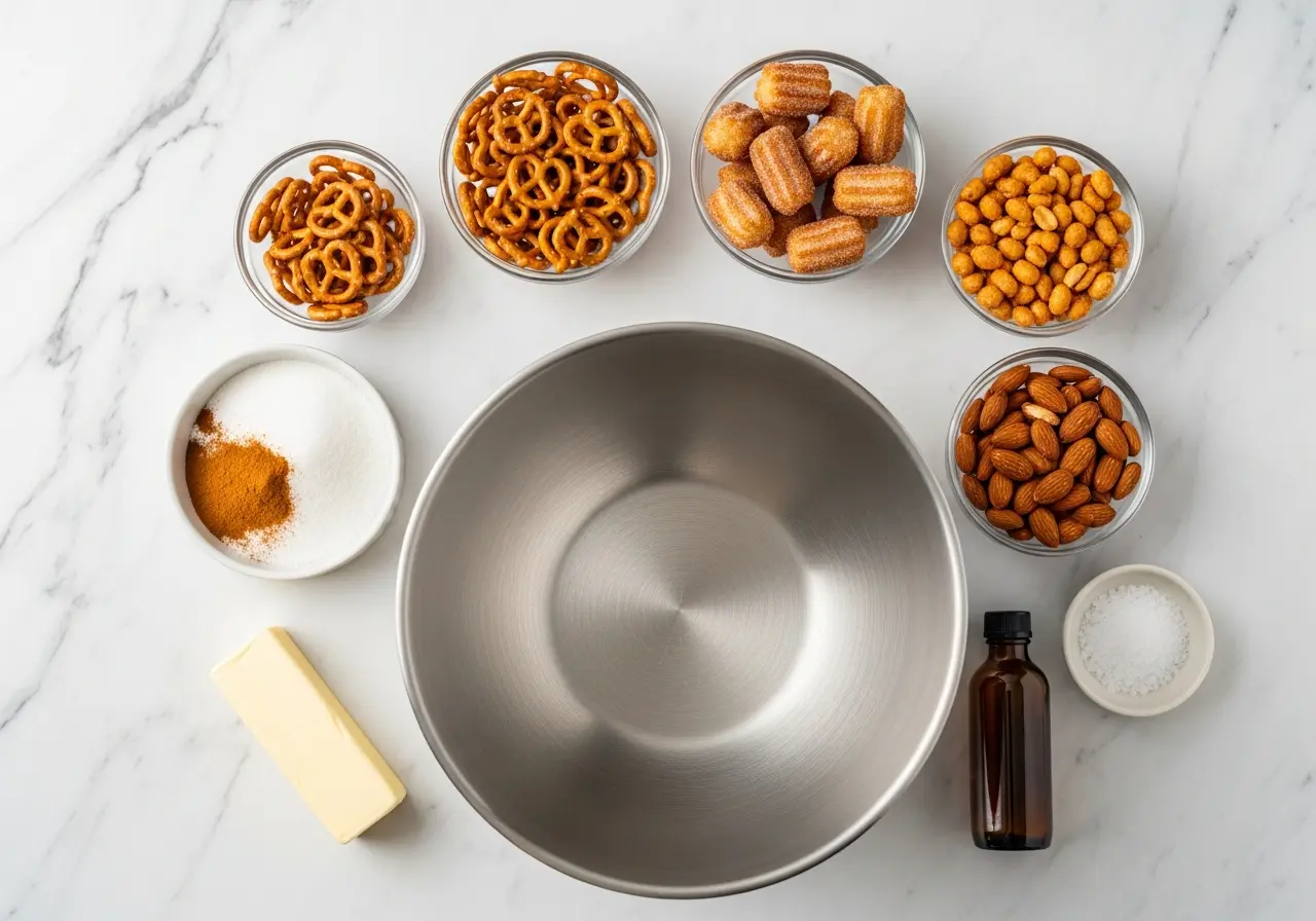 Ingredients for churro snack mix: pretzels, nuts, churro bites, butter, cinnamon, and sugar.
