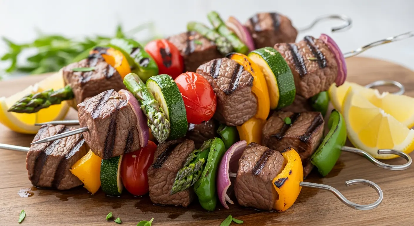 Classic beef kabobs with marinated beef and fresh spring vegetables grilled to perfection on skewers