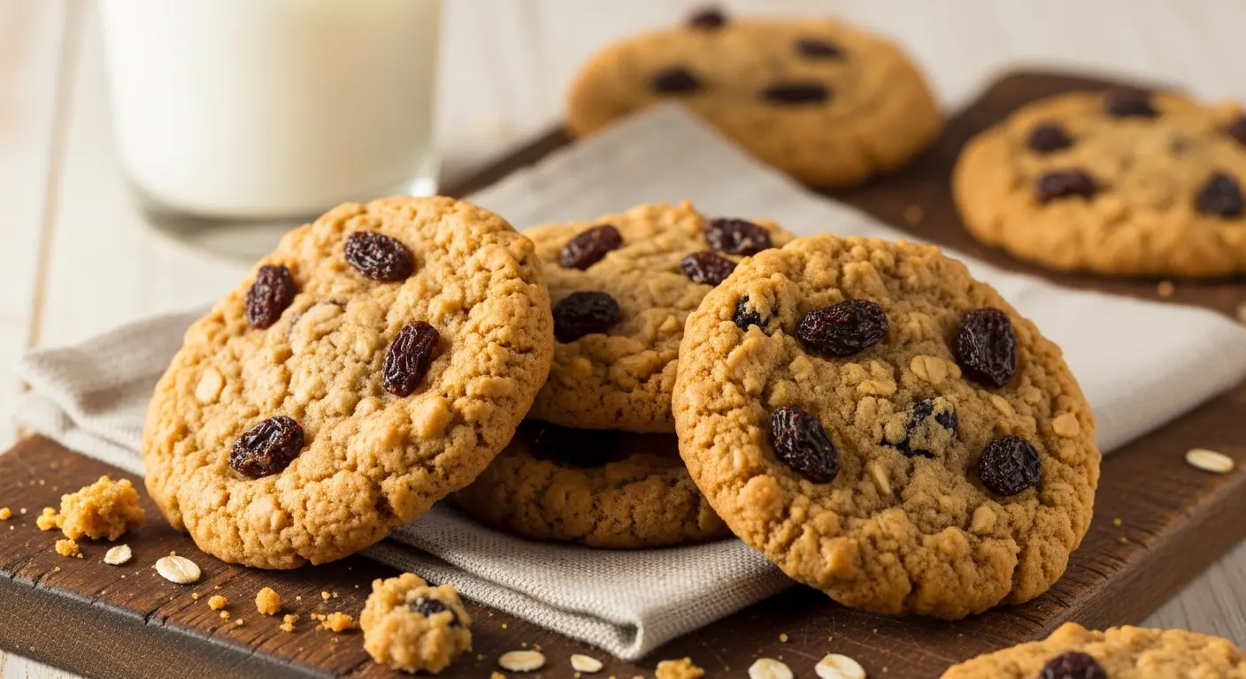 Homemade chewy oatmeal raisin cookies on a wooden board with a glass of milk.