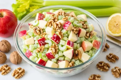 Fresh classic Waldorf salad recipe in a bowl with crisp red apples, crunchy celery, toasted walnuts, and creamy dressing.