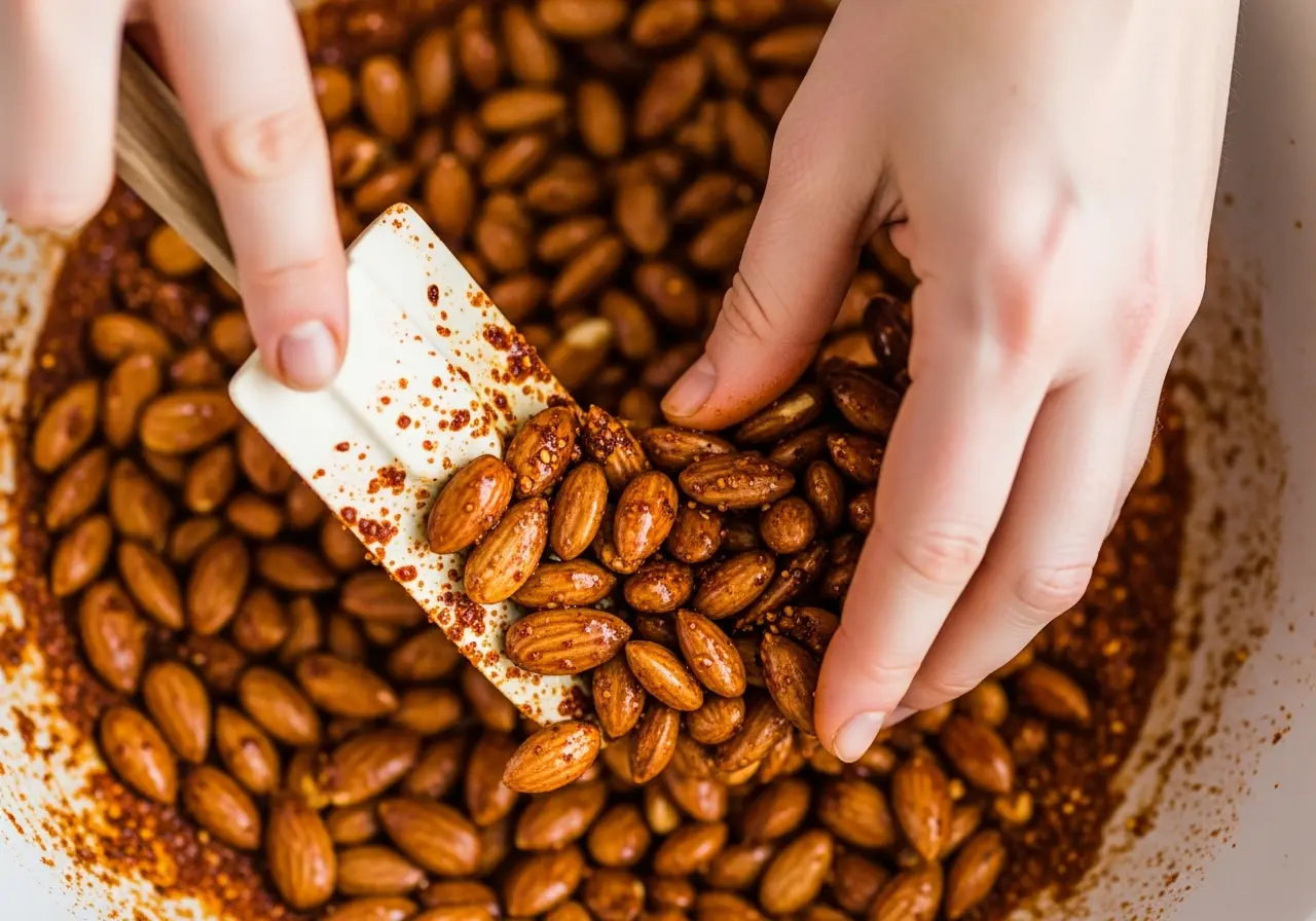Coating raw almonds with oil and spice mixture for roasting.